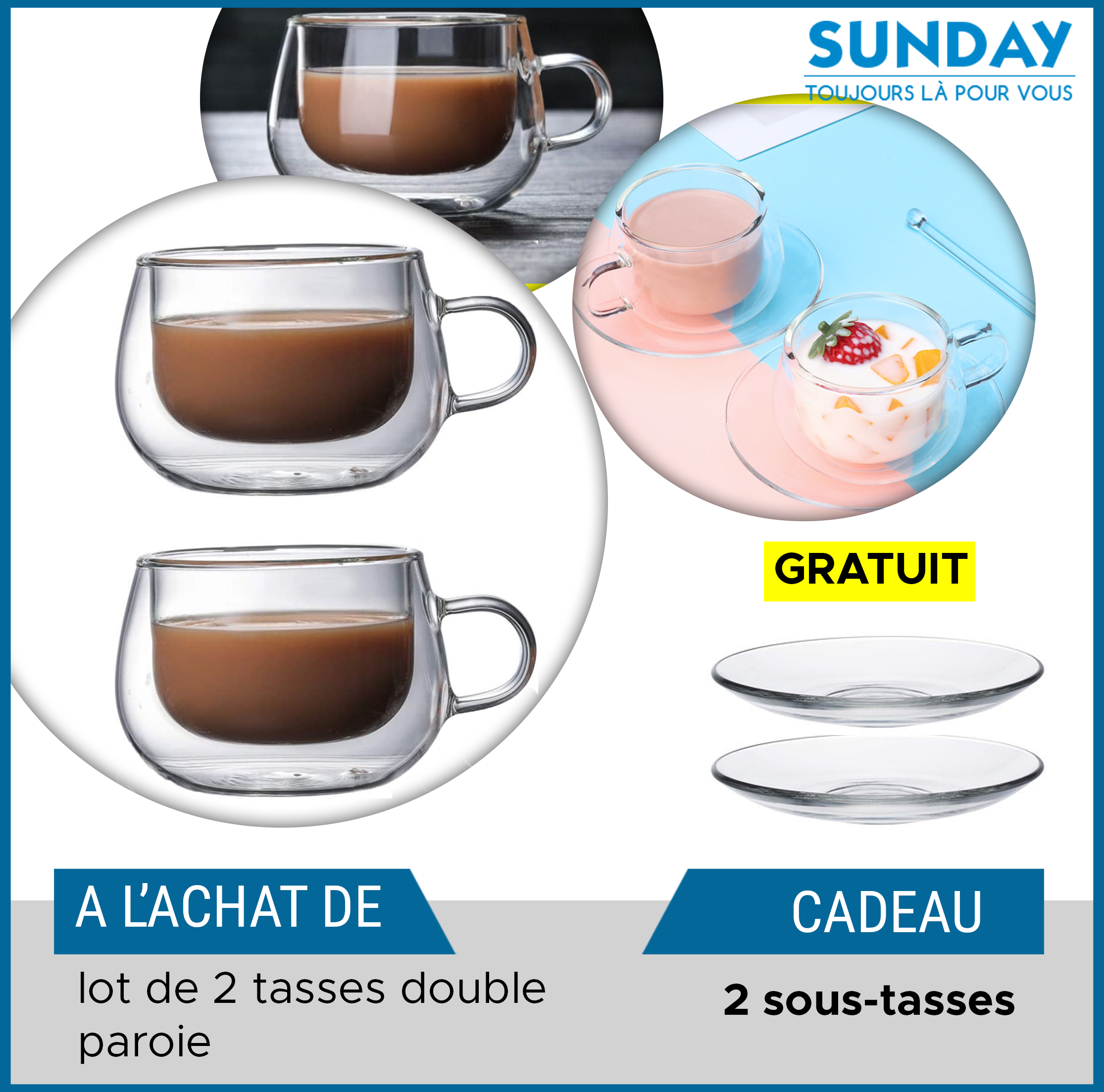 Verre double paroi 350ml - Eau - Jus - Cappuccino - Sunday