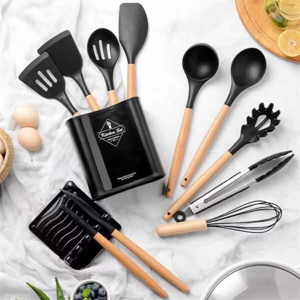 Ensemble d'ustensiles de cuisine Noir en silicone avec poignée en bois,  éléments avec boîte de rangement, spatule antiadhésive, accessoires de  cuisine - Sunday