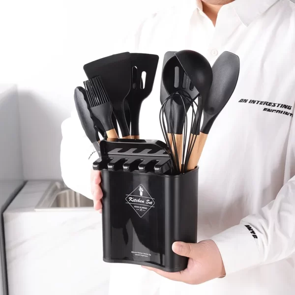 Ensemble d'ustensiles de cuisine Noir en silicone avec poignée en bois,  éléments avec boîte de rangement, spatule antiadhésive, accessoires de  cuisine - Sunday
