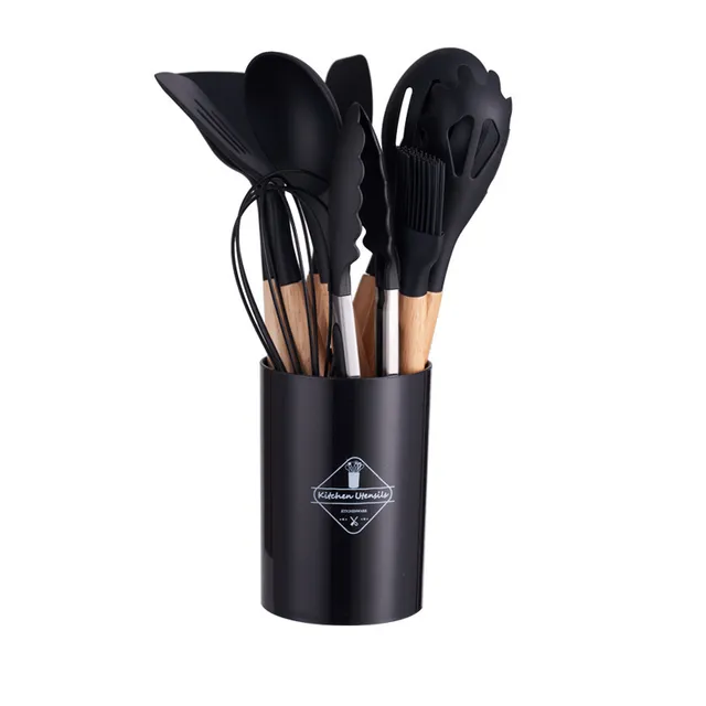 Ensemble d'ustensiles de cuisine Noir en silicone avec poignée en bois,  éléments avec boîte de rangement, spatule antiadhésive, accessoires de  cuisine