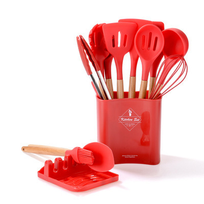 Ensemble d'ustensiles de cuisine Rouge en silicone avec poignée en bois,  éléments avec boîte de rangement, spatule antiadhésive, accessoires de